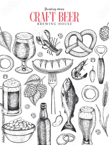 Hand drawn Oktoberfest pub poster. Beer and snacks. Vector glass, bottle, opener, fish, pretzel, barley, hop, food. Bar alcohol beverages. Craft brewery Discount banner festival menu flyer poster.