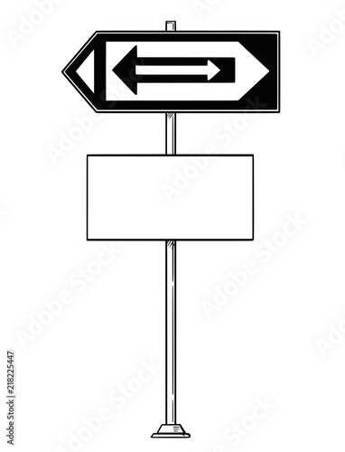 Vector artistic pen and ink drawing of confusing traffic sign with arrows inside arrows pointing both left and right and empty or white space for your text.