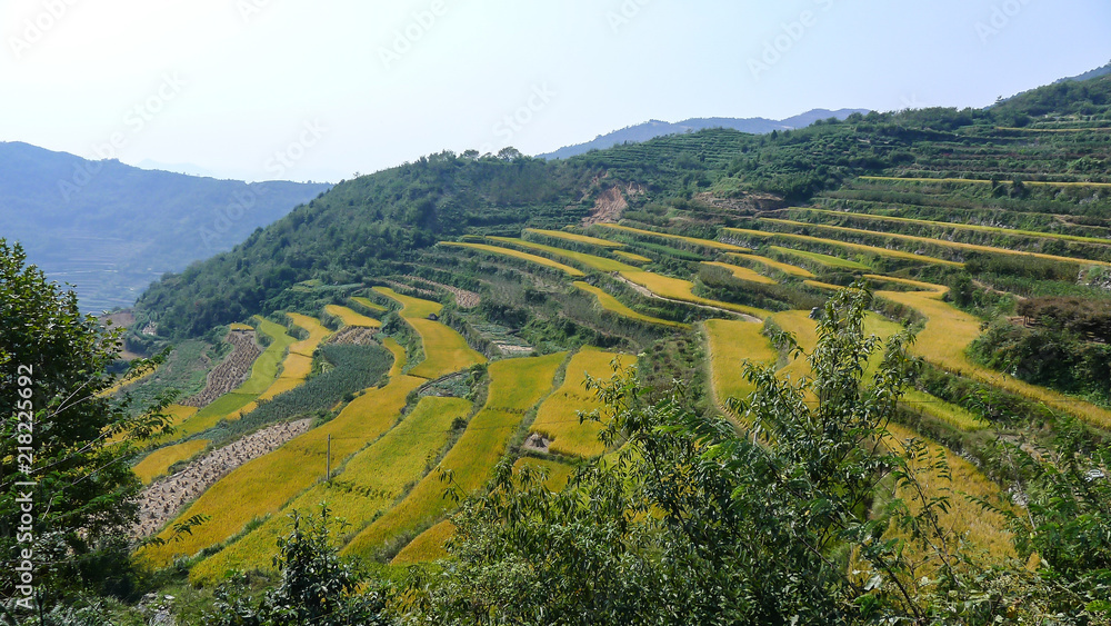 Terraces cascade down the steep slopes to the valleys below