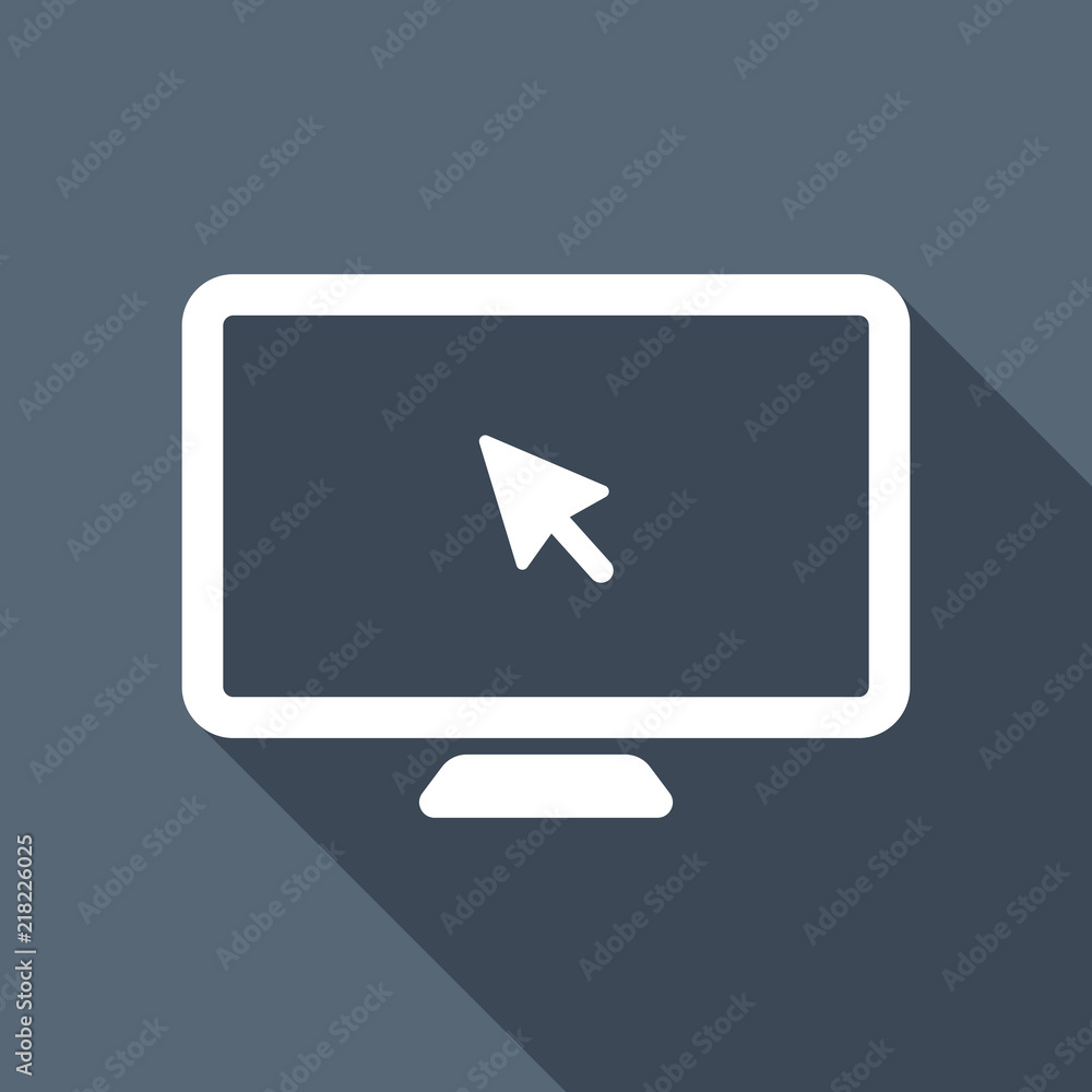 Desktop computer and mouse arrow. Simple digital icon. White fla Desktop computer and mouse arrow. Simple digital icon. White fla