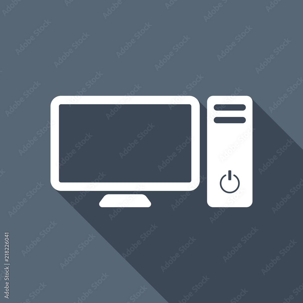Personal computer, pc. System unit and monitor. White flat icon Personal computer, pc. System unit and monitor. White flat icon