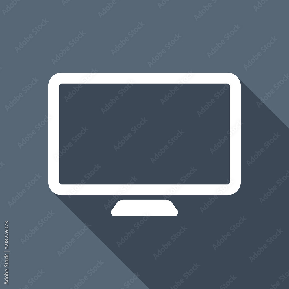 Computer monitor or modern TV. Simple icon. White flat icon with Computer monitor or modern TV. Simple icon. White flat icon with