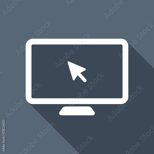 Desktop computer and mouse arrow. Simple digital icon. White fla