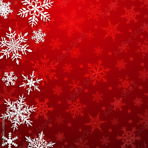 Christmas illustration with big white snowflakes with shadows on red background