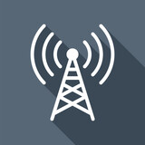 Radio tower icon. Linear style. White flat icon with long shadow