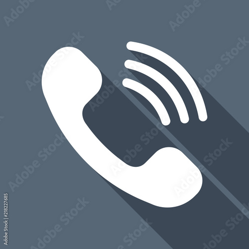 Ringing phone icon. Retro symbol. White flat icon with long shad