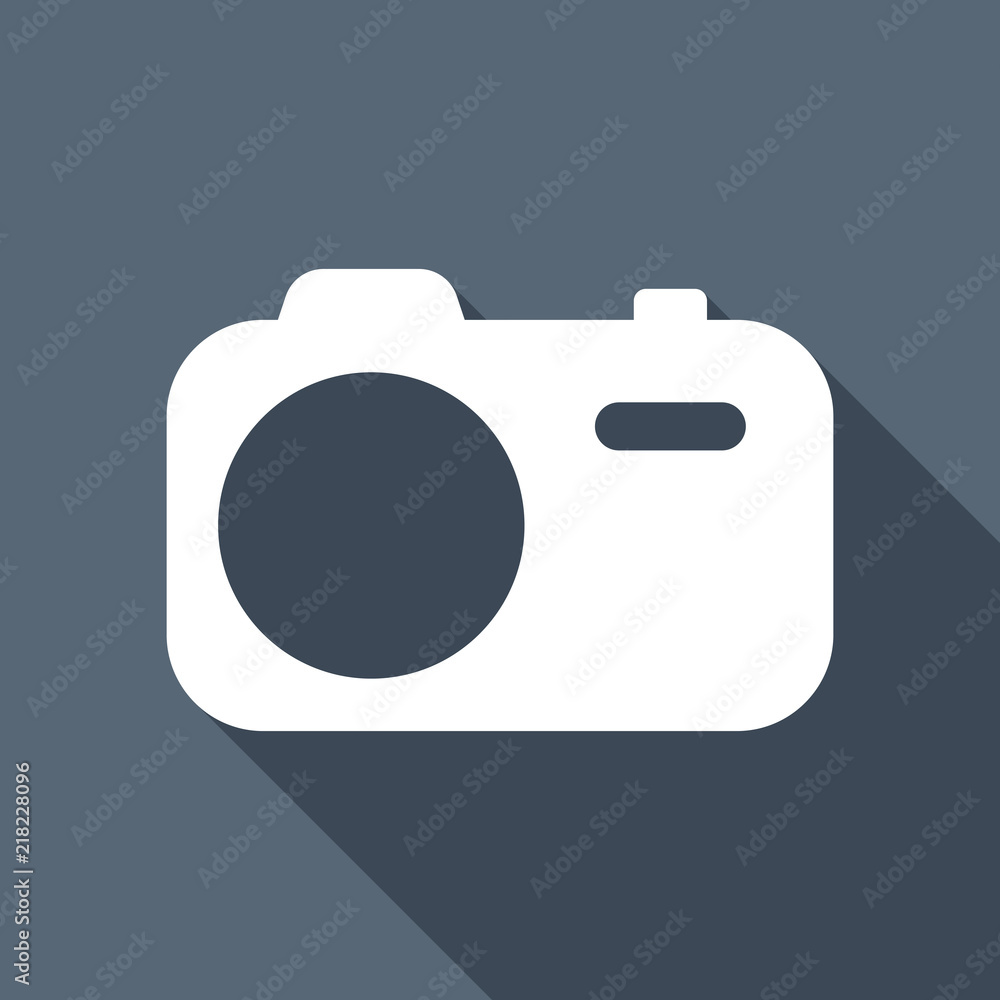 Simple photo camera. Technology icon. White flat icon with long Simple photo camera. Technology icon. White flat icon with long