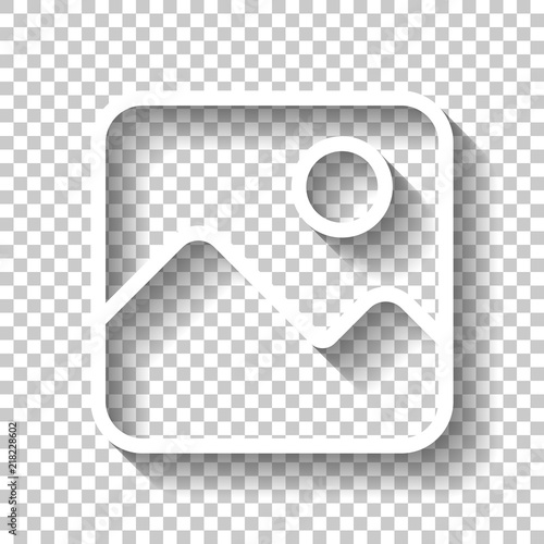 Simple picture icon. Linear symbol, thin outline. White icon wit photo