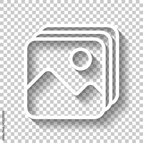 Simple stack of pictures. White icon with shadow on transparent