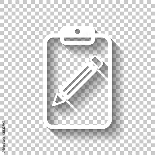 tablet, paper and pencil. White icon with shadow on transparent