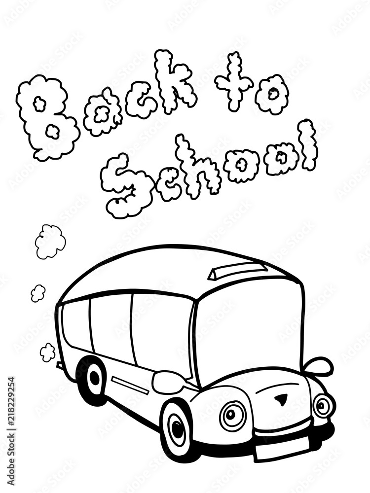 cartoon cute school bus illustration and back to school text and black white  Stock Illustration | Adobe Stock
