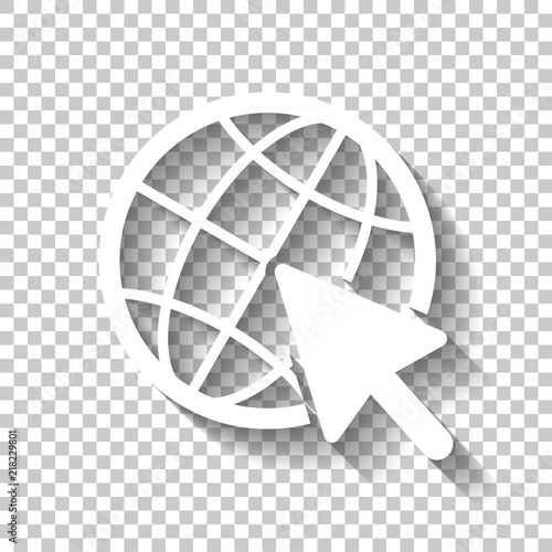 Globe and arrow icon. White icon with shadow on transparent back