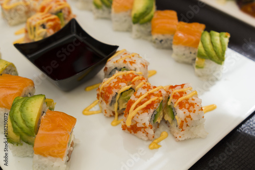 set of various sushi with soya sauce