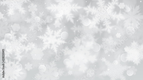 Christmas illustration with white blurred snowflakes, glare and sparkles on gray background