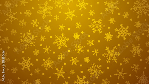 Christmas illustration with various small snowflakes on gradient background in yellow colors