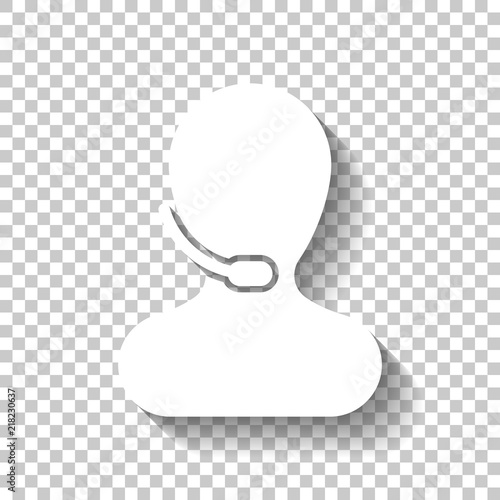 Person with microphone. Call center. White icon with shadow on t