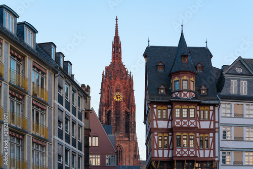 Historic center of Frankfurt am Main with the Clock tower Cathedral in the background. the Frankfurt Romerberg square Old city historic center, Hesse, Germany