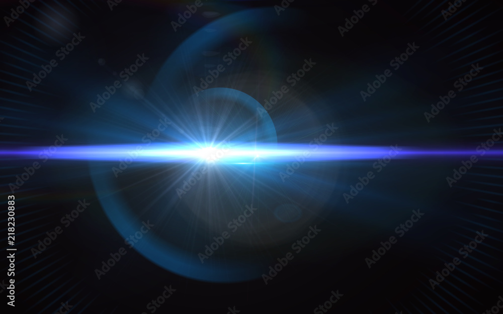 Beautiful blue digital lens flare in black background horizontal frame