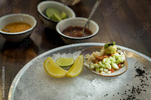 Seafood on ice base in restaurant.