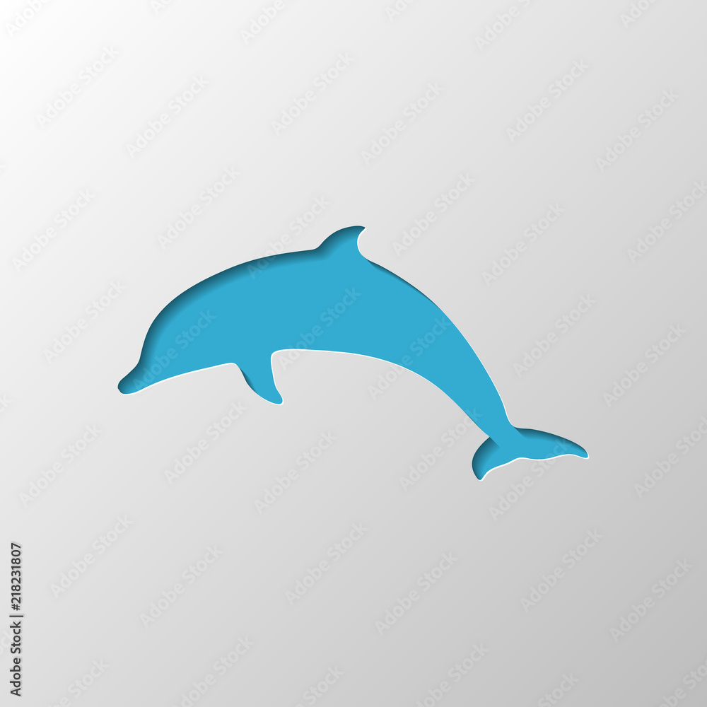 silhouette of dolphin. Paper design. Cutted symbol with shadow silhouette of dolphin. Paper design. Cutted symbol with shadow