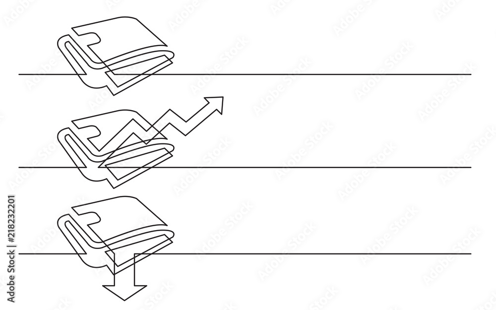 banner design - continuous line drawing of business icons: wallet, rising diagram, decreasing personal income banner design - continuous line drawing of business icons: wallet, rising diagram, decreasing personal income