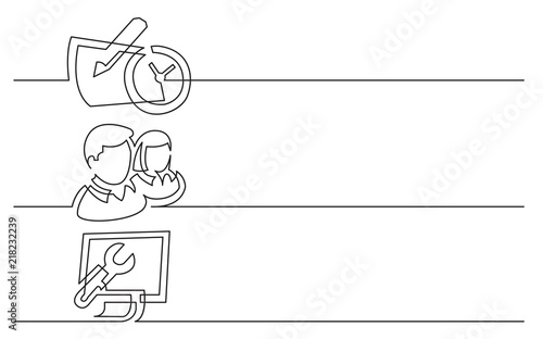 banner design - continuous line drawing of business icons: calendar with clock, persons icon, computer control panel