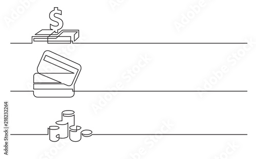 banner design - continuous line drawing of business icons: dollar sign, credit cards, money coins