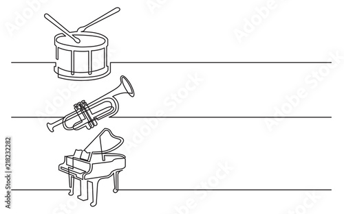 banner design - continuous line drawing of business icons: drum with drumstick, trumpet and grand piano