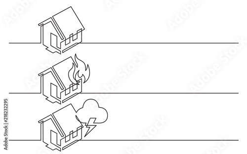 banner design - continuous line drawing of business icons: home symbol, fire, house damage