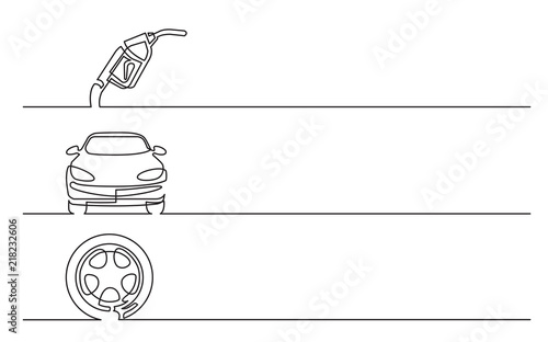 banner design - continuous line drawing of business icons: gas nozzle, car, wheel