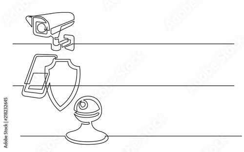 banner design - continuous line drawing of business icons: outdoor camera, phone security, home web camera