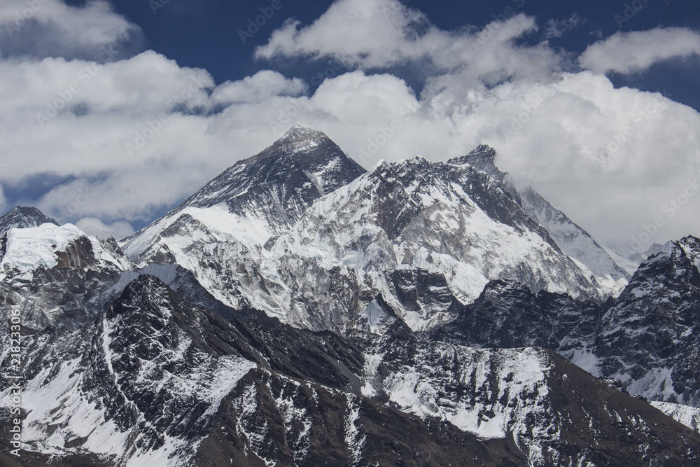 A view of the highest mountains on Earth, Mount Everest and Lhotse from the summit of Gokyo Ri, Khumbu region, Nepal, Himalaya. High himalayan mountain landscape, glaciers and big rock walls.