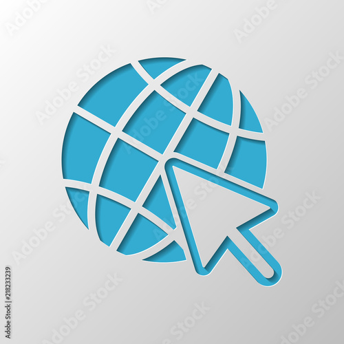 Globe and arrow icon. Paper design. Cutted symbol with shadow