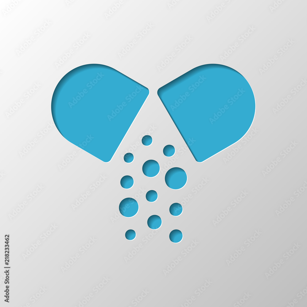 Open pill icon. Paper design. Cutted symbol with shadow