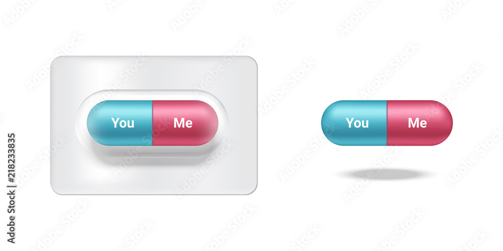 Realistic Capsule or Pill Medicine With Love, You and Me isolated Background. Realistic Capsule or Pill Medicine With Love, You and Me isolated Background.