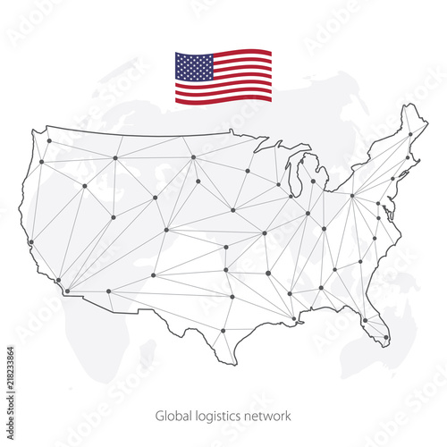 Global logistics network concept. Communications network map of the USA on the world background. Map United States of America with nodes in polygonal style and flag USA. Vector illustration EPS10. 