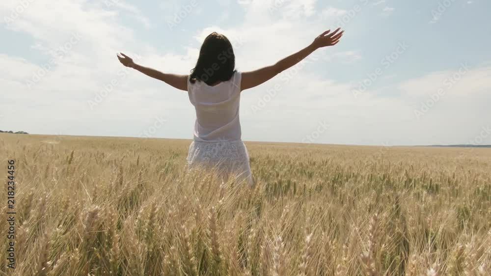 Beautiful carefree woman in golden wheat meadow. Model girl in white dress enjoying nature on the wheat field in sunny day. Beautiful carefree woman in golden wheat meadow. Model girl in white dress enjoying nature on the wheat field in sunny day.