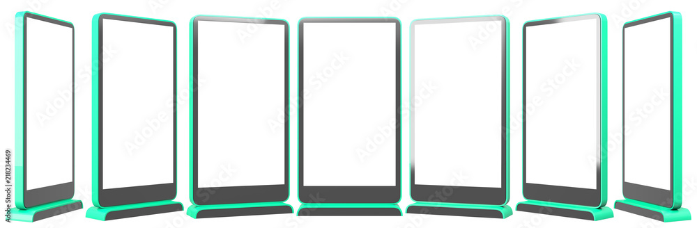 Vertical information display. It is located at different angles. 3D rendering. City Format mock up isolated on white background. Vertical information display. It is located at different angles. 3D rendering. City Format mock up isolated on white background.