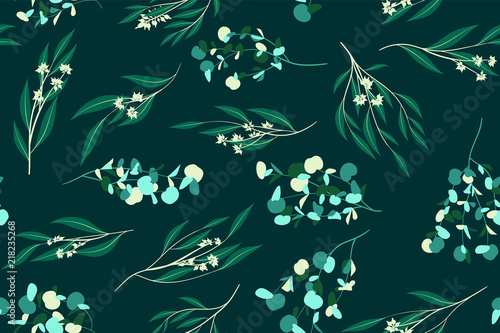 Eucalyptus Vector Seamless Pattern with Leaves, Branches and Floral Elements. Elegant Cute Background for Rustic Wedding Design, Fabric, Textile, Dress. Eucalyptus Vector in Vintage Style for Print.