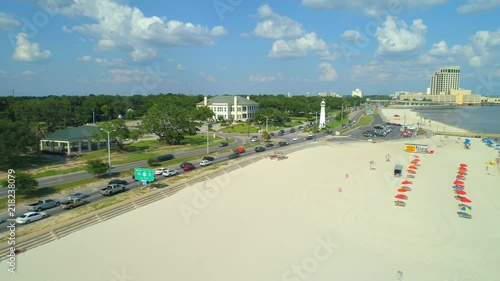 Biloxi Beach road and lighthouse 4k aerial
