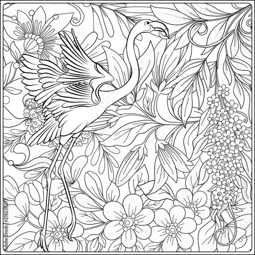 Flamingo in fantasy flower garden. Outline hand drawing. Good for coloring page for the adult coloring book. Stock vector illustration.
