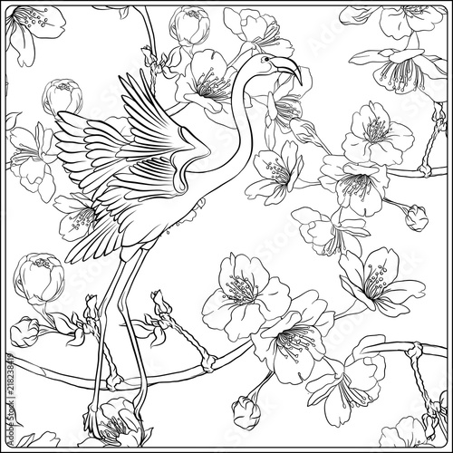 Flamingo in fantasy flower garden. Outline hand drawing. Good for coloring page for the adult coloring book. Stock vector illustration.