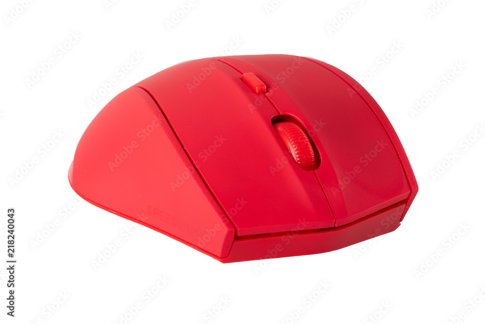 Wireless red computer mouse isolated on white background. Computer equipment. Wireless red computer mouse isolated on white background. Computer equipment.