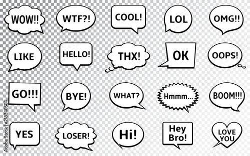 Speech bubbles set with short messages: yes, cool, omg, wow, hello, bye, and other.