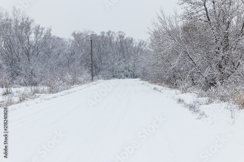 Snowy road during snowfall. Winter rural landscape