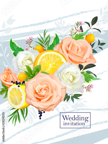  Wedding autumn invitation with flowers and fruit