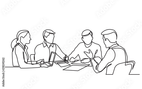 continuous line drawing of office workers at business meeting