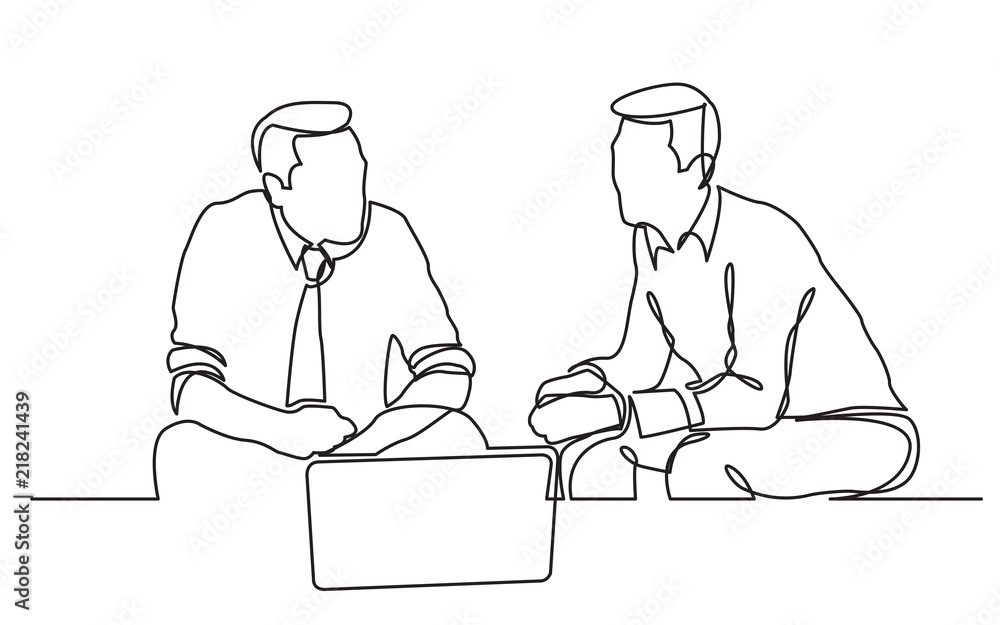 continuous line drawing of two businessmen sitting and talking continuous line drawing of two businessmen sitting and talking