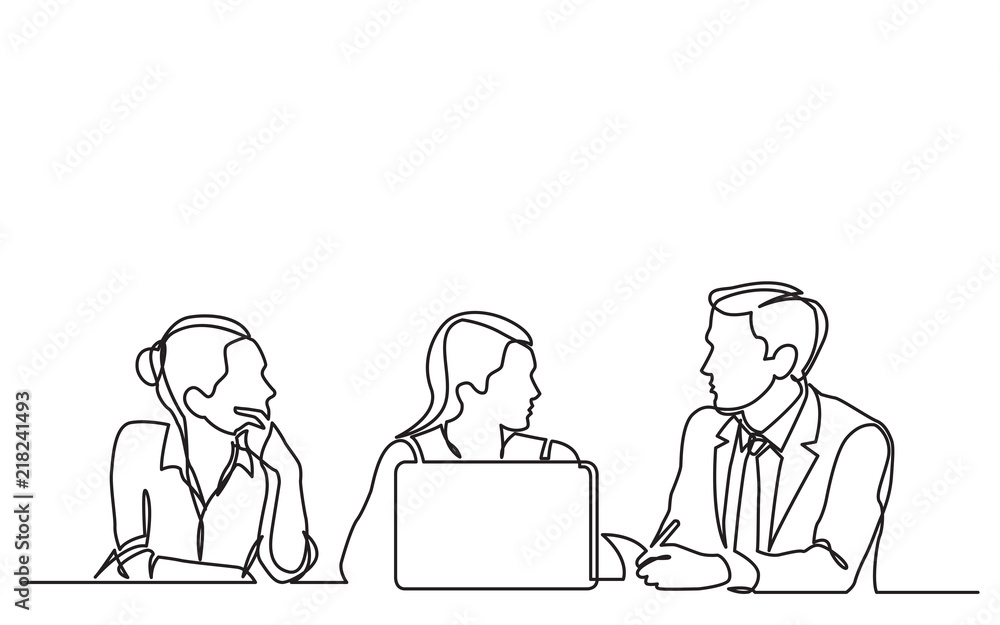 continuous line drawing of three employees talking about work - obrazy, fototapety, plakaty 