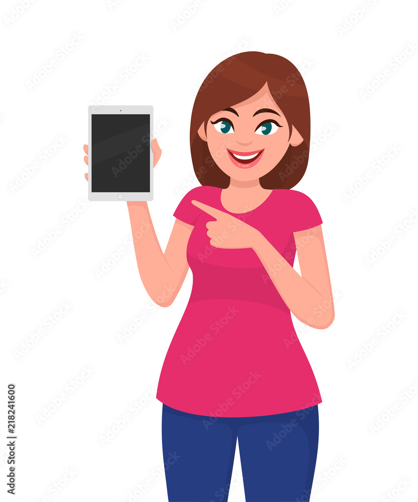 Young woman showing tablet and pointing hand towards that. Cute cheerful woman showing tablet computer with blank screen. Vector illustration in flat style. Young woman showing tablet and pointing hand towards that. Cute cheerful woman showing tablet computer with blank screen. Vector illustration in flat style.